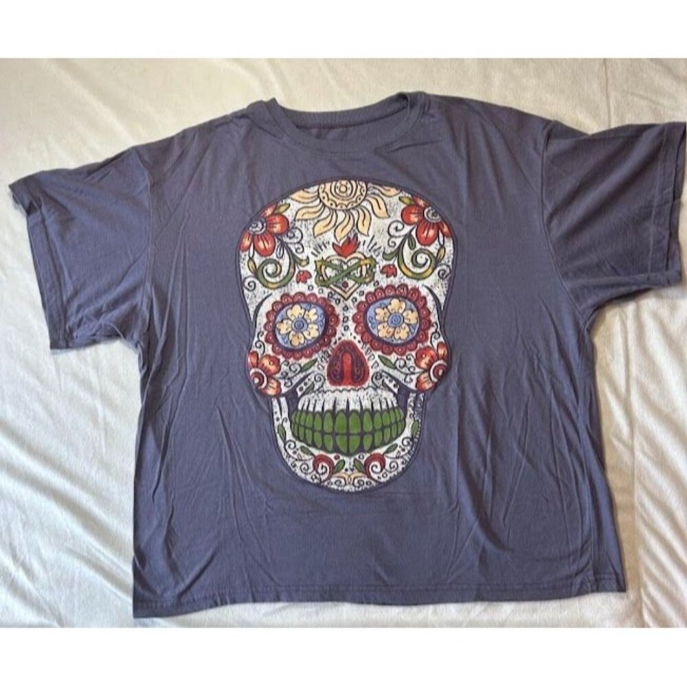 Hasta Siempre Purple Sugar Skull Cropped Short Sleeve T-Shirt S Cotton Blend